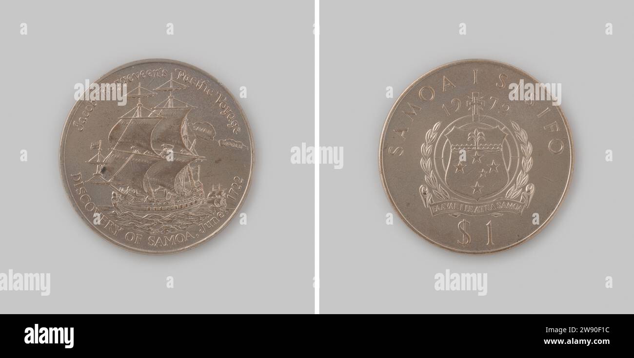 Tala, eine Gedenkmünze anlässlich der zweihundertjährigen Feier der Entdeckung Samoas durch Jacob Roggeveen, James Berry O.B.E., 1972 Box Nickel Medaille im Wert von 1 Dollar. Vorderseite: Zwei Schiffe auf See: Über zwei Inseln, die in der Overschruise geschrieben sind. Rückseite: Wappen im Lauwerkrans, oben Wimpel mit Inschrift im Inneren Omrift; entsprechende Perspex Box; in Box: Blaue Kunststoffplatte mit in der Mitte Loch; oben auf der Bildbeschriftung. Tala. Apia Upolu. Savaii Stockfoto