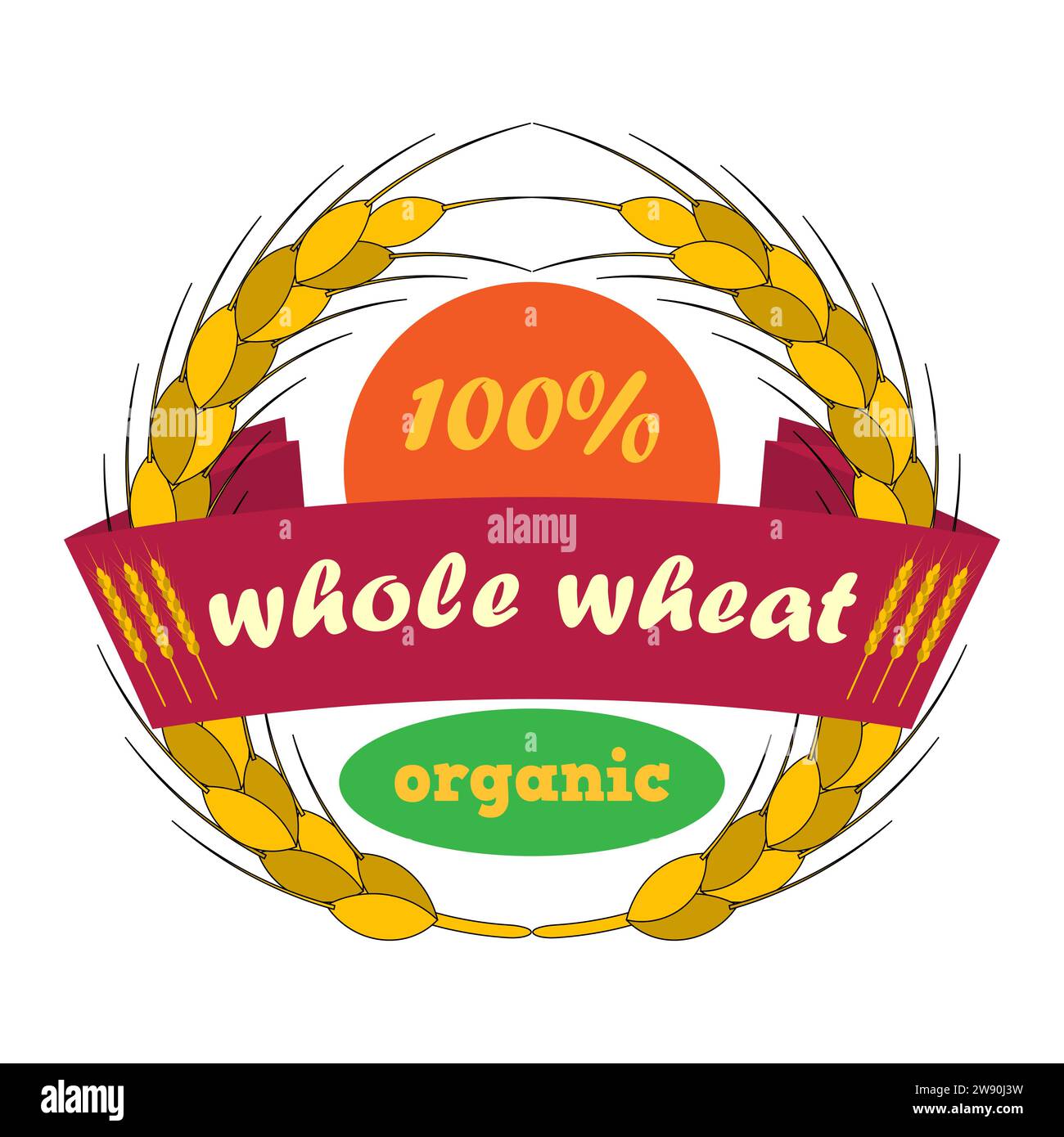 Wheat Ears Logo mit Sonne. Band mit der Inschrift Vollkorn. Runde Formen. Grüne, orange, goldene, gelbe Farben. Emblem, Symbol. Stock Vektor