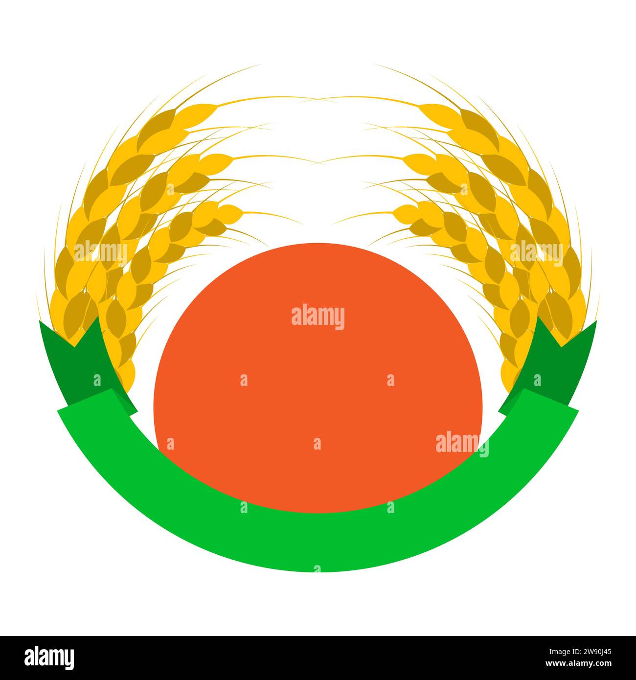 Wheat Ears Logo mit Sonne und Band. Runde Formen. Grüne, orange, goldene, gelbe Farben. Emblem, Symbol. Isolierte Vektordarstellung. Stock Vektor