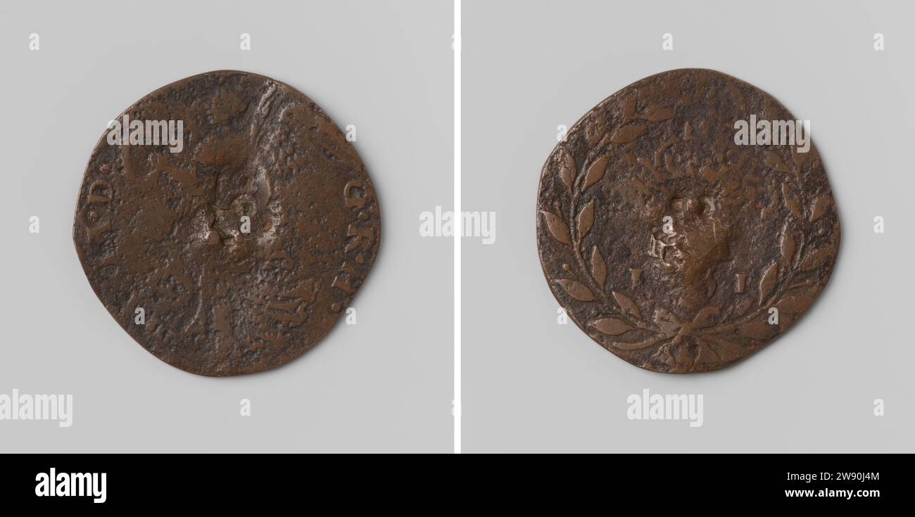 Maria van Ungarn, Gouverneure der Niederlande, Anonym, 1551 Live-Kupfermedaille. Vorne: Geflügelter Sieg mit Lorbeerkranz in der rechten und Palmenzweig in der linken Hand innerhalb der Kantschrift. Rückseite: Buchstabe M unter Krone, über dem Jahr in Lauwerkrans Kupfer (Metall) auffallend (Metallverarbeitung) Stockfoto