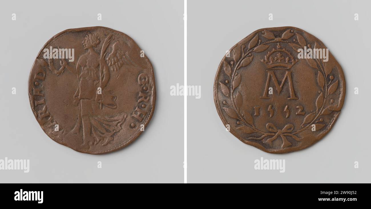 Maria van Ungarn, Gouverneure der Niederlande, Anonym, 1552 Live-Kupfermedaille. Vorne: Geflügelter Sieg mit Lorbeerkranz in der rechten und Palmenzweig in der linken Hand innerhalb der Kantschrift. Rückseite: Buchstabe M unter Krone, über dem Jahr in Lauwerkrans Kupfer (Metall) auffallend (Metallverarbeitung) Stockfoto