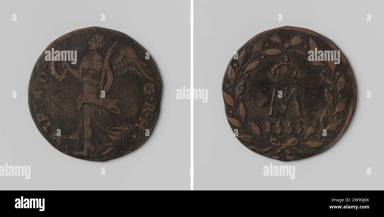 Maria van Ungarn, Gouverneure der Niederlande, Anonym, 1553 Live-Kupfermedaille. Vorne: Geflügelter Sieg mit Lorbeerkranz in der rechten und Palmenzweig in der linken Hand innerhalb der Kantschrift. Rückseite: Buchstabe M unter Krone, über dem Jahr in Lauwerkrans Kupfer (Metall) auffallend (Metallverarbeitung) Stockfoto