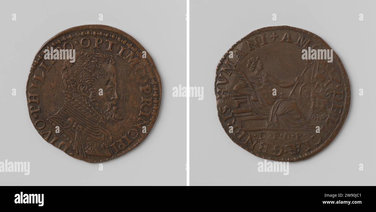 Philipp, Erbe Prinz von Spanien, Herr der Niederlande, Anonym, 1555 Live-Kupfermedaille. Vorne: Bruststück Mann innen Wechsel. Rückwärts: Frau mit Palmzweig rechts und brennender Fackel in der linken Hand neben dem Siegeszeichen innerhalb der Kerschrift; Schnitt: Inschrift Kupfer (Metall) auffallend (Metallverarbeitung) Stockfoto