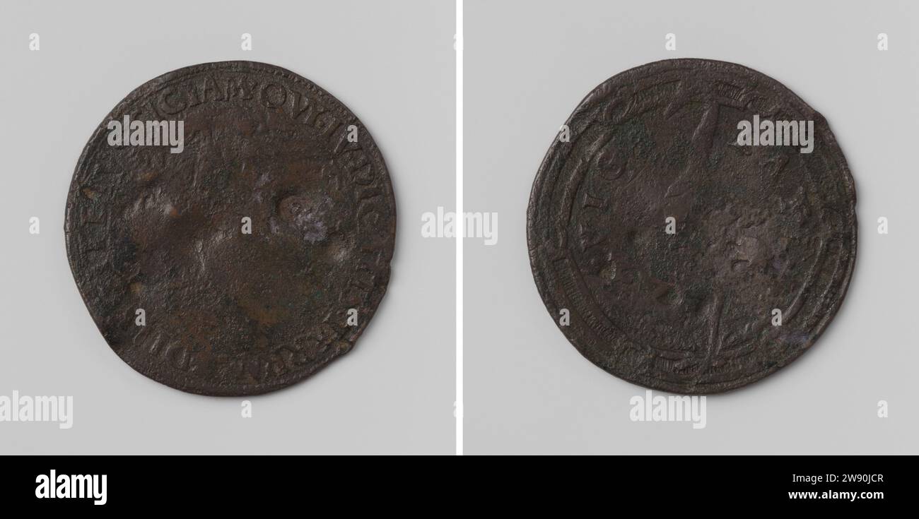 Abreise von Maria van Ungarn aus den Niederlanden, Anonym, 1556 Live-Kupfermedaille. Front: Gerechtigkeit mit Libra und Schwert in den Händen von Kischrift. Rückwärts: Storch mit erhöhtem Topf innerhalb der Kerschrift und des Vesierde Circle Kupfer (Metall) auffallend (Metallverarbeitung) Niederländer Stockfoto