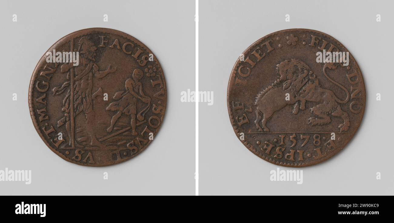 Erfolg im Kampf gegen Spanien, Anonym, 1578 Live-Kupfermedaille. Vorne: Goliath mit Speer in voller Rüstung und David mit seinem Pendel innen. Reverse: Der niederländische Löwe entspringt spanischem Wildschwein über dem Jahr in Omnipia Dordrecht Kupfer (Metall) auffallend (Metallverarbeitung) Stockfoto