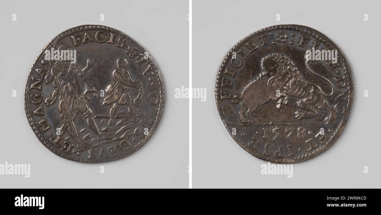 Erfolg im Kampf gegen Spanien, Anonym, 1578 Live-Silbermedaille. Vorne: Goliath mit Speer in voller Rüstung und David mit seinem Pendel innen. Reverse: Der niederländische Löwe entspringt spanischem Wildschwein über dem Jahr in Omnipia Dordrecht Silber (Metall) auffallend (Metallverarbeitung) Stockfoto