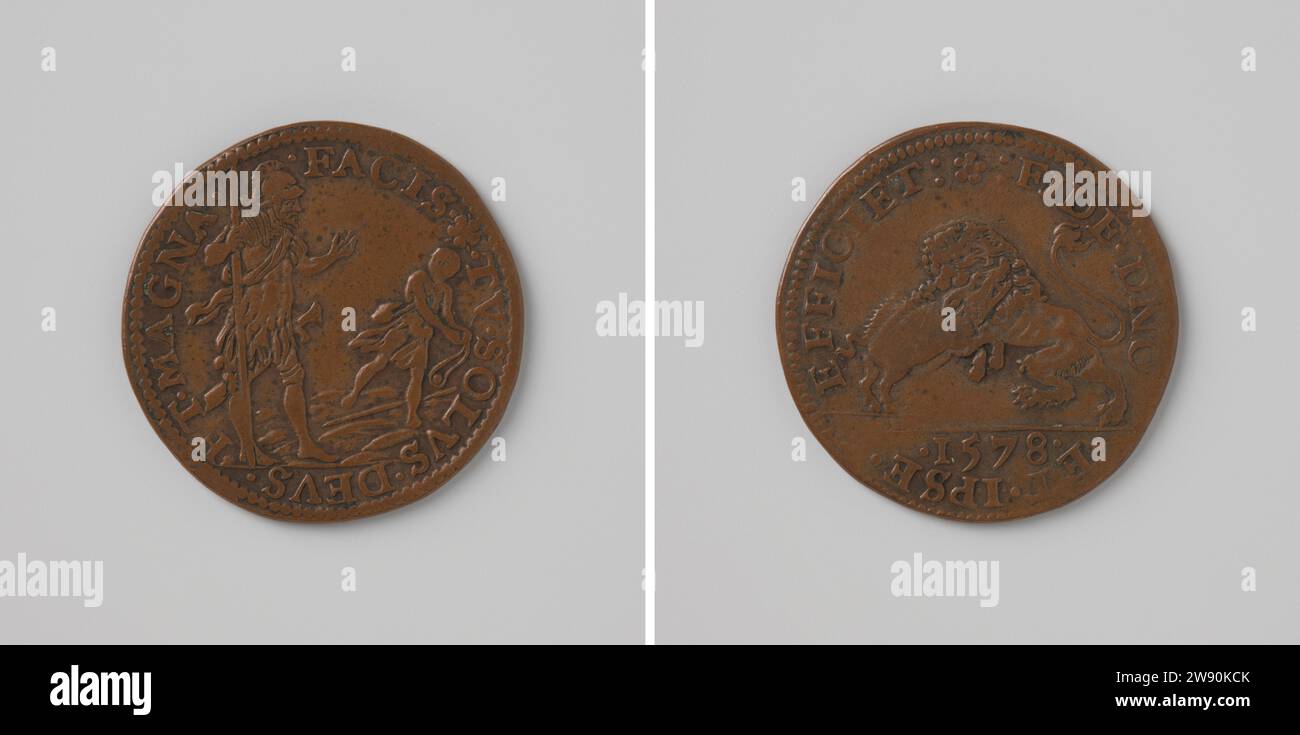 Erfolg im Kampf gegen Spanien, Anonym, 1578 Live-Kupfermedaille. Vorne: Goliath mit Speer in voller Rüstung und David mit seinem Pendel innen. Reverse: Der niederländische Löwe entspringt spanischem Wildschwein über dem Jahr in Omnipia Dordrecht Kupfer (Metall) auffallend (Metallverarbeitung) Stockfoto