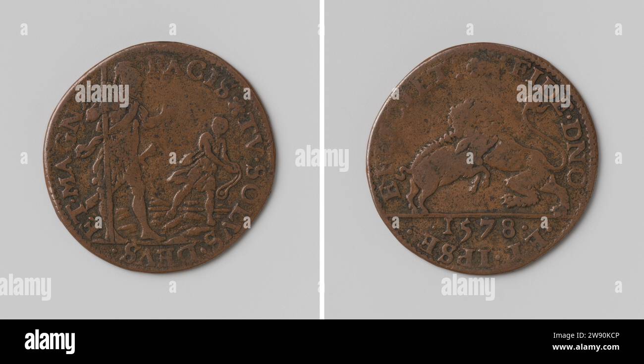 Erfolg im Kampf gegen Spanien, Anonym, 1578 Live-Kupfermedaille. Vorne: Goliath mit Speer in voller Rüstung und David mit seinem Pendel innen. Reverse: Der niederländische Löwe entspringt spanischem Wildschwein über dem Jahr in Omnipia Dordrecht Kupfer (Metall) auffallend (Metallverarbeitung) Stockfoto
