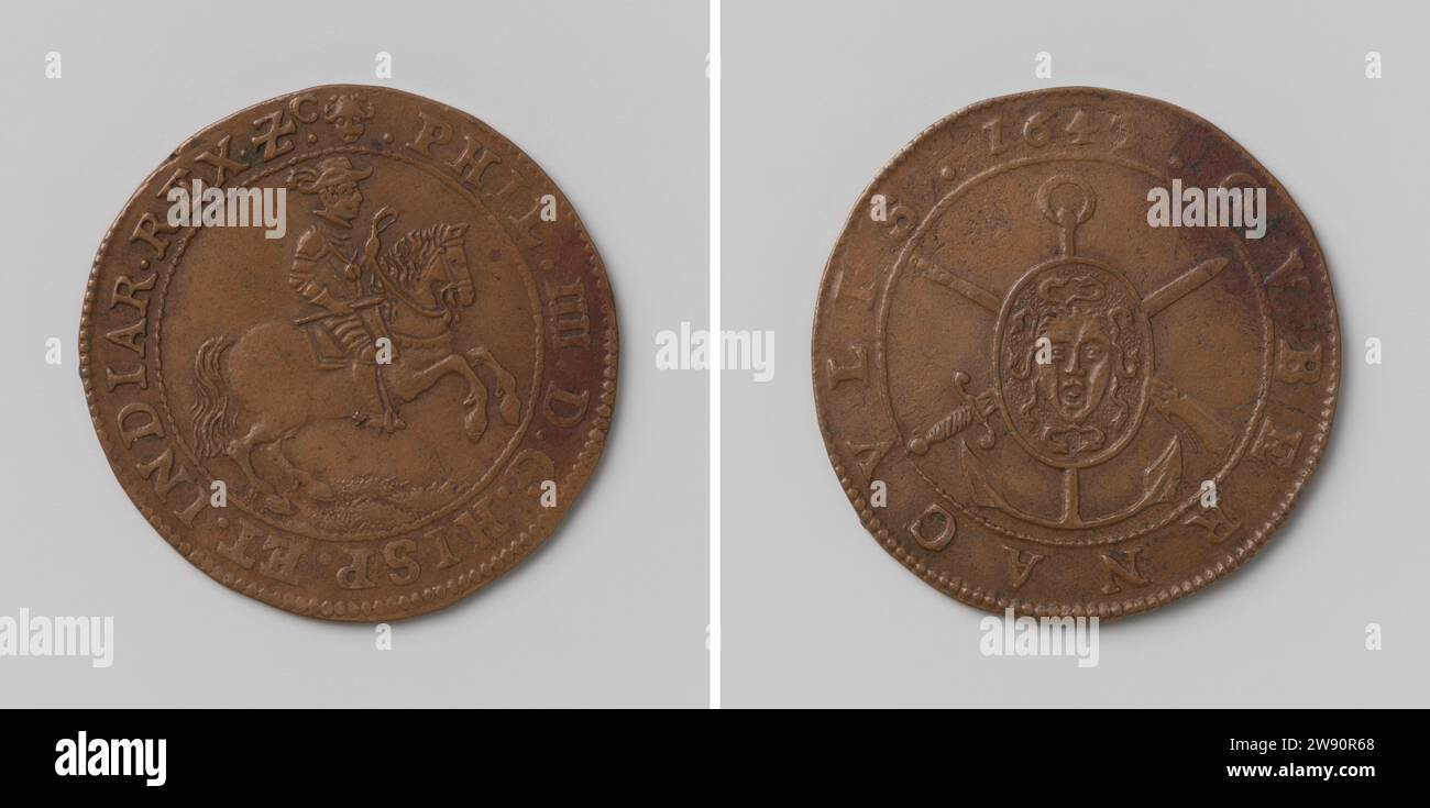 Mächtiges und weises Regime von Philipp IV., König von Spanien, Anonym, 1643 Live-Kupfermedaille. Vorne: Reiter zu Pferd mit Kommandostab in der Hand in der Innenseite. Rückseite: Schild mit Medusakopf auf gekreuztem Anker, Schwert und Gewehr im Wechsel. Brüssel Kupfer (Metall) Anschlagen (Metallbearbeitung) Stockfoto