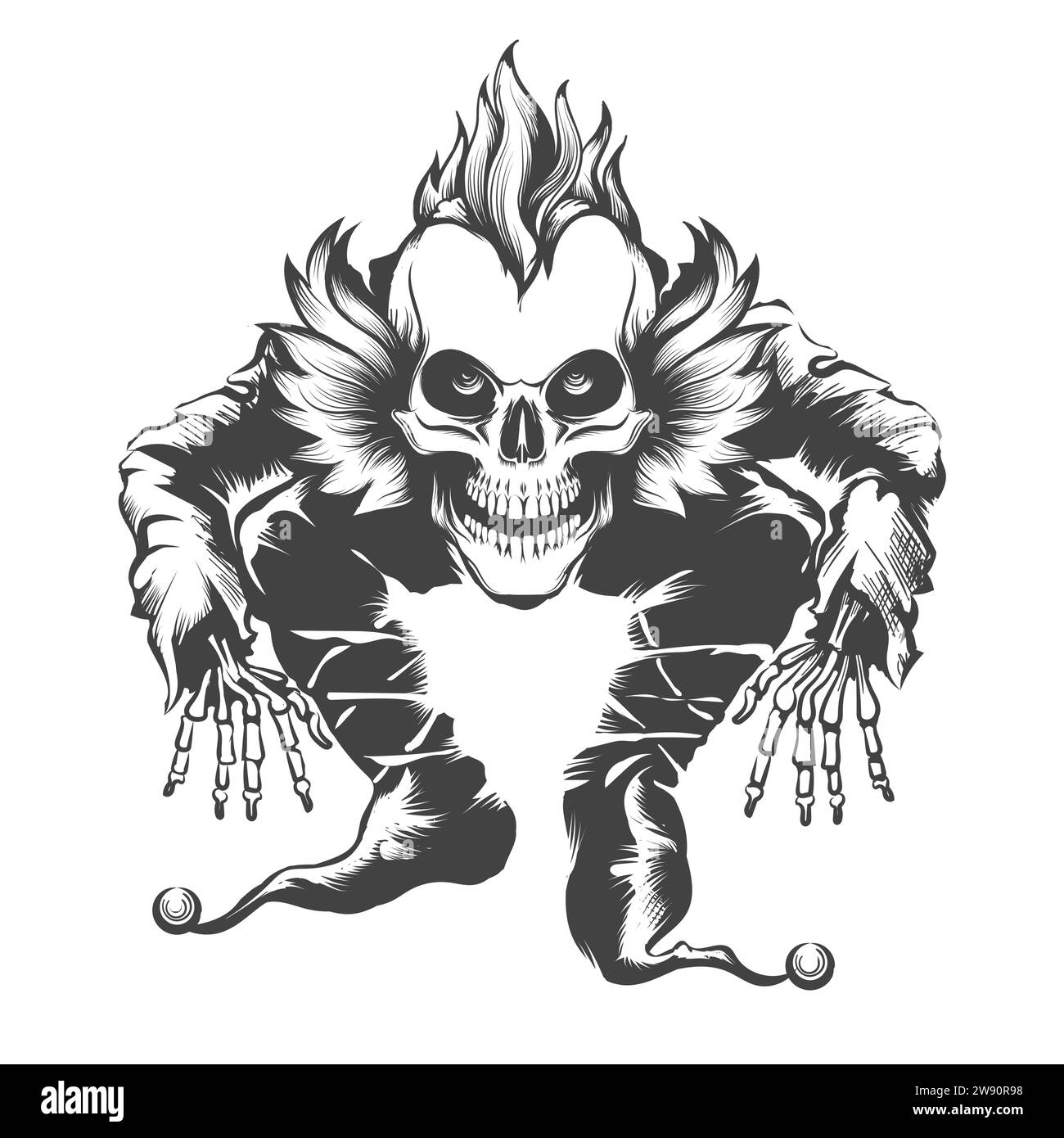 Hand gezeichnet Gravur Tattoo des Bunchy bösen Clown Schädels isoliert auf weißem Hintergrund Vektor Illustration. Es wurde keine AI verwendet. Stock Vektor