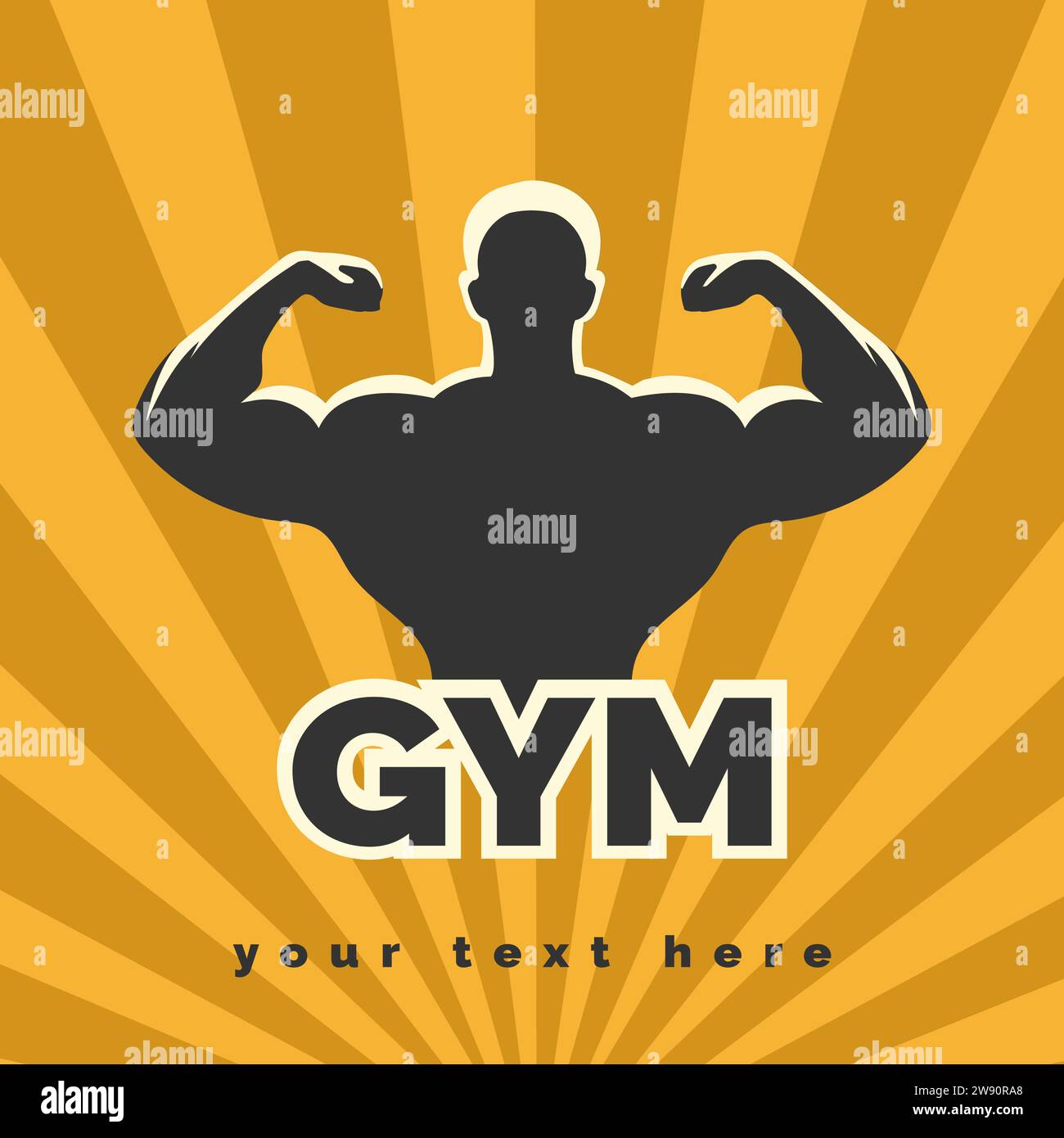 Gym-Logo präsentiert posierenden athletischen Mann isoliert auf gelbem Hintergrund Vektor-illlustration. Es wurde keine AI verwendet. Stock Vektor