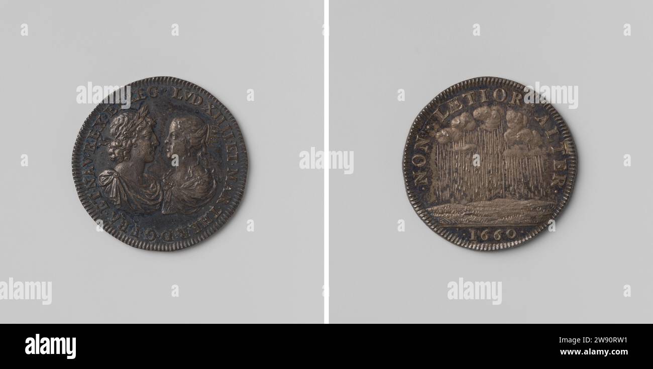 Heirat von Ludwig XIV. Und Maria Theresia, König und Königin von Frankreich, verstreut erzählt unter den Anwesenden, Jean Warin (II) (Kopie nach), 1660 Silbermedaille. Vorne: Zu den gewünschten Bruststücken des Mannes mit Lorbeerkranz und der Frau mit einer Krone innen. Rückwärts: Regen fällt in Wolken innerhalb der Kerschrift; Schnitt: Jahr Paris Silber (Metall) auffällig (Metallverarbeitung) Saint Jean de Luz Stockfoto