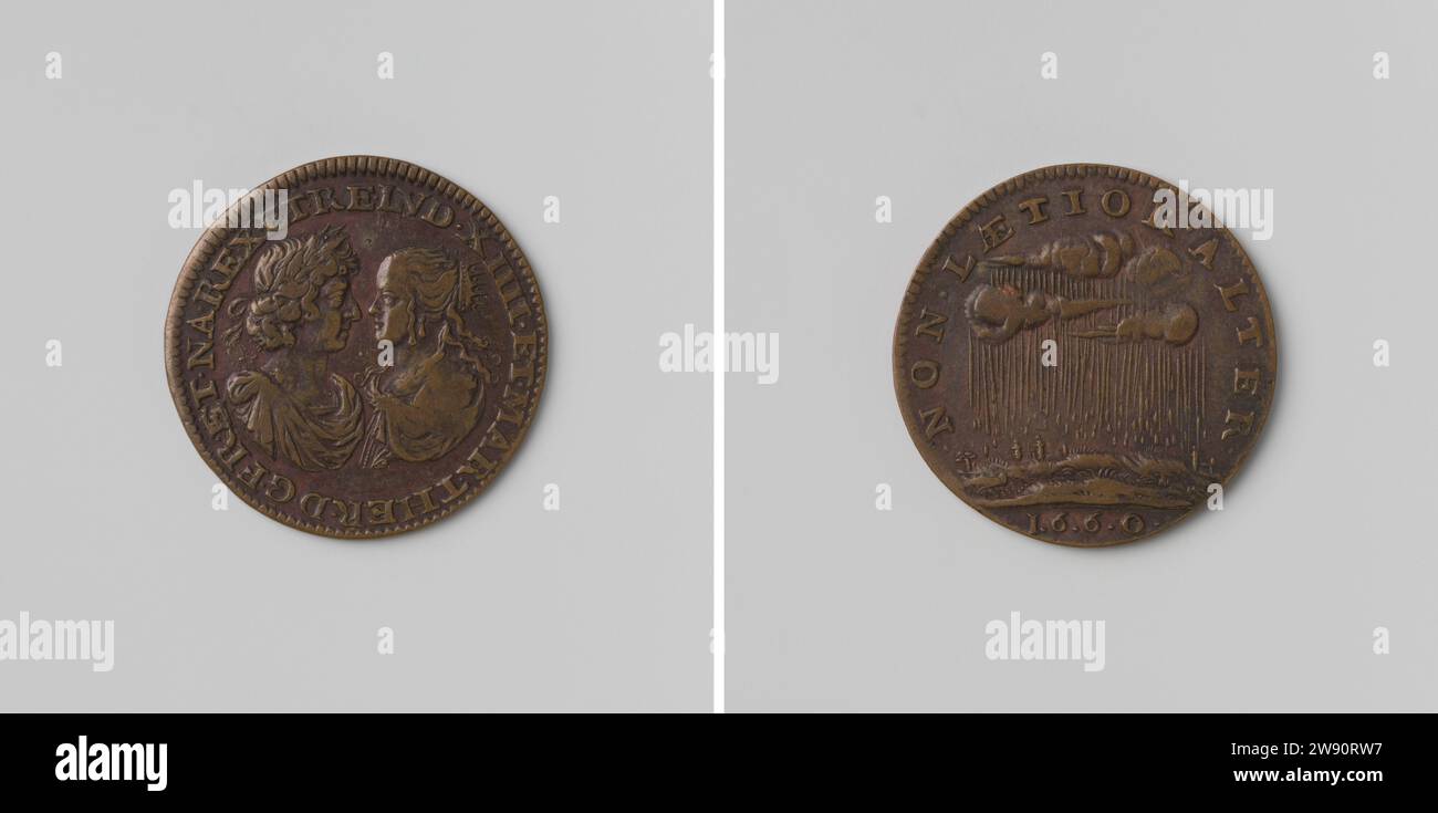 Heirat von Ludwig XIV. Und Maria Theresia, König und Königin von Frankreich, Jean Warin (II) (Kopie nach), 1660 Live-Kupfermedaille. Vorne: Zu den gewünschten Bruststücken des Mannes mit Lorbeerkranz und der Frau mit einer Krone innen. Rückwärts: Regen fällt in Wolken innerhalb von Kerschrift; Schnitt: Jahr Paris Kupfer (Metall) auffällig (Metallverarbeitung) Saint Jean de Luz Stockfoto