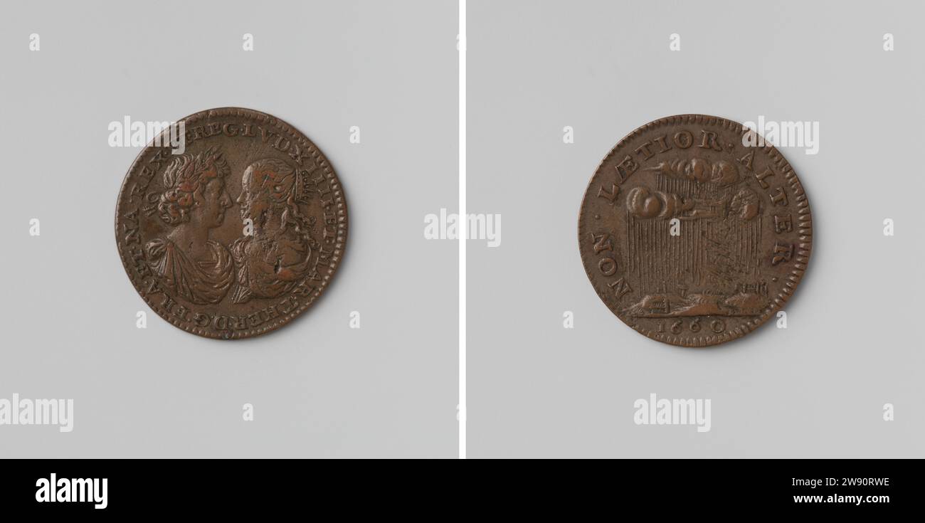 Heirat von Ludwig XIV. Und Maria Theresia, König und Königin von Frankreich, Jean Warin (II) (Kopie nach), 1660 Live-Kupfermedaille. Vorne: Zu den gewünschten Bruststücken des Mannes mit Lorbeerkranz und der Frau mit einer Krone innen. Rückwärts: Regen fällt in Wolken innerhalb von Kerschrift; Schnitt: Jahr Paris Kupfer (Metall) auffällig (Metallverarbeitung) Saint Jean de Luz Stockfoto