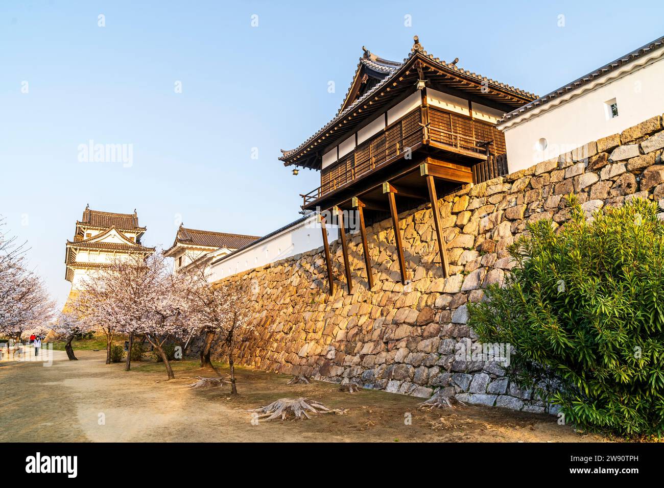 Golden Hour Blick entlang der Steinmauern auf Fukuyama Castle mit dem hölzernen Yudono, Badehaus, Kirschblüten und dem Fushimi Yagura, Turm. Stockfoto