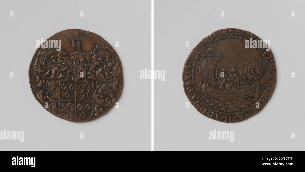Marie Louise von Orleans nach Spanien überquert, Calculation Medaille von Jacques Louis Madoets, Lord von Babetsvaert, fünfzigster Intendant von Brüssel, Anonym, Live-Kupfermedaille 1680. Vorderseite: Helmwappen innen. Umgekehrt: Marie Louise und Karel II, sitzen in einem Schiff, das von Frieden mit Olivenzweig in der Hand getrieben wird, in Brüssel Kupfer (Metall) streikend (Metallverarbeitung) Willebroekse Vaart. Spanien Stockfoto