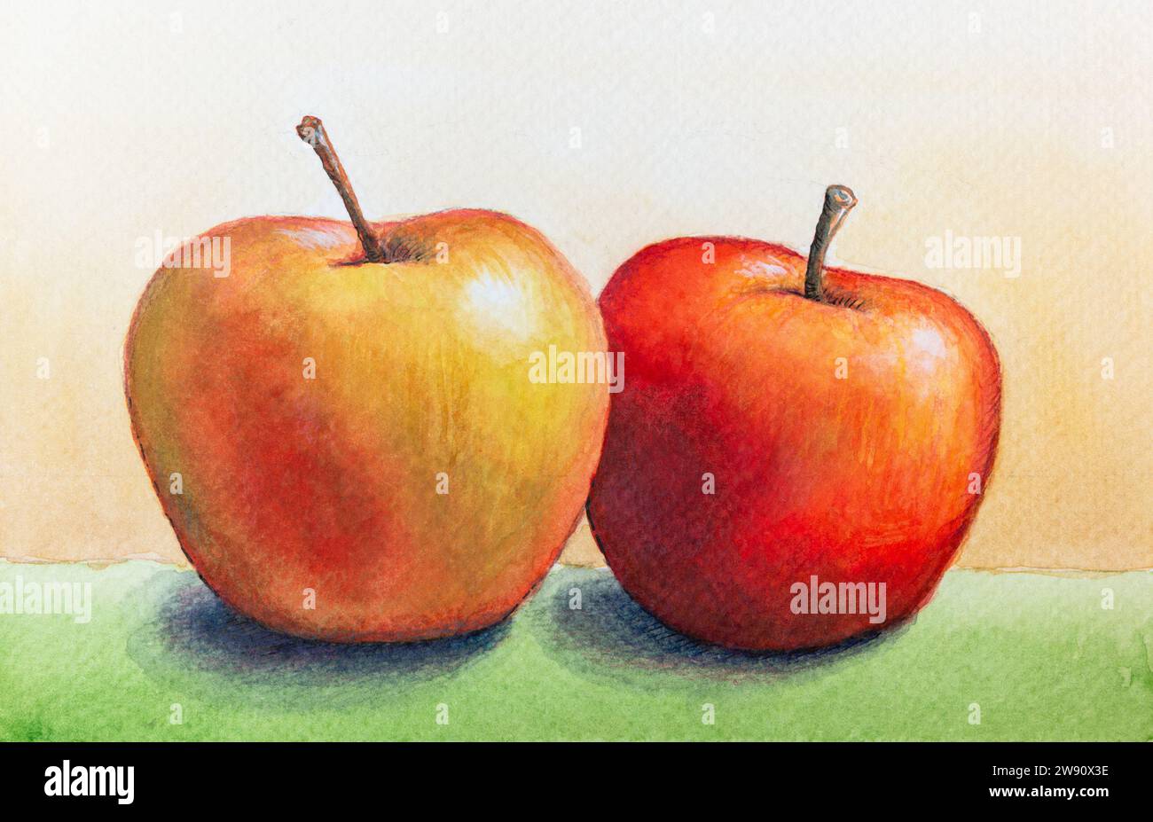 Zwei Äpfel auf hellgrünem und gelbem Hintergrund. Aquarell- und Farbstiftmalerei auf Papier. Stockfoto