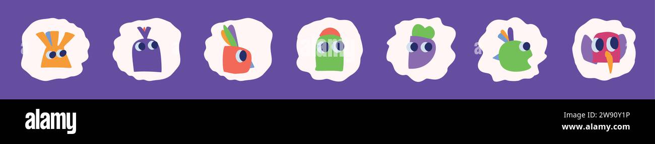 Schlichte Kollektion mit Illustrationen aus Kreaturen und Blättern im auffälligen Stil für Kinder mit lustigem Grafikdesign. Skurrile bunte Vektorzeichnung im fröhlichen Folklore-Stil Stock Vektor