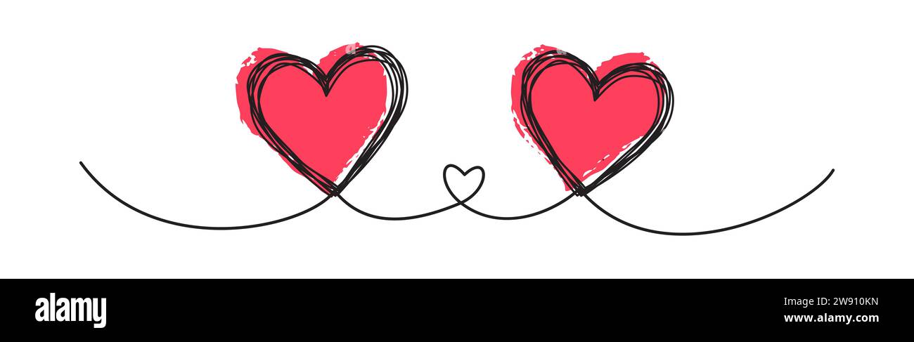 Banner mit verwickeltem, grungy Heart kritzelt Hand gezeichnet mit dünner Linie und roten Herzen, Trennwand-Form. Isoliert auf weißem Hintergrund. Vektor-Illustration Stock Vektor