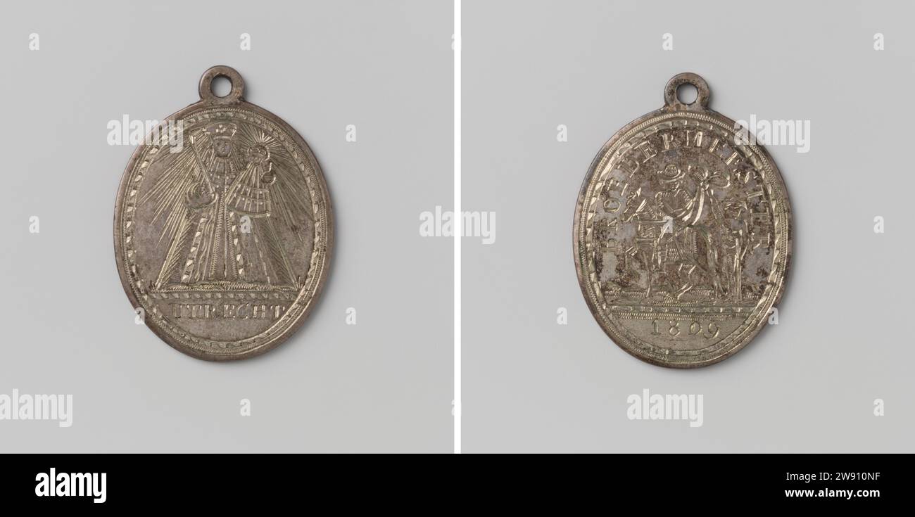 Onze Lieve Vrouwe van Kevelaer und St. Maarten, Penning mit der Inschrift Broedermeester, Anonym, Silbermedaille 1809 zum Tragen. Vorderseite: Stehend in Stralenkrans: Gekrönte Maria mit Zepter in der rechten Hand und Christuskind auf dem Arm; Schnitt: Inschrift. Schiene Seite: Nach links gewünscht Sint Maarten auf Pferdeschneiden mit Schwertmantel, um seinem stehenden Mann mit einem Stock innen zu geben; auf dem Schnitt: Jahr. Utrecht Silber (Metall) Gravur Utrecht Stockfoto