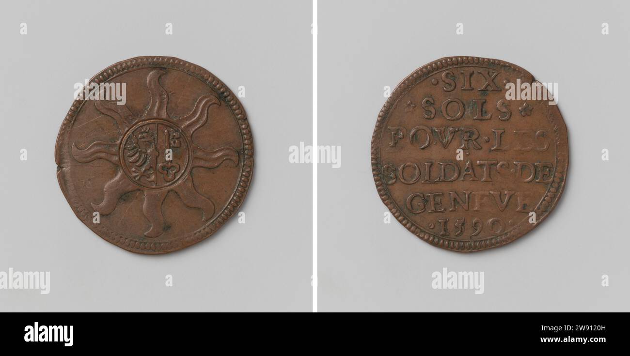 Sechs Sol, entstanden für die Soldaten von Genf während des Krieges zwischen Genf und Savoie, Anonym, 1590 Münze. Belagerungsmünze Vorderseite: Wappen in Stern mit acht Wellenpunkten. Rückseite: Inschrift Genf Kupfer (Metall) auffallend (Metallverarbeitung) Genf Stockfoto