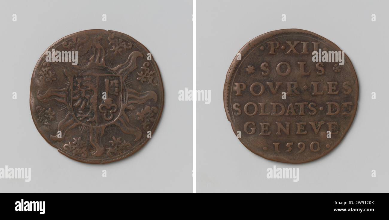 Zwölf Sol, entstanden für die Soldaten von Genf während des Krieges zwischen Genf und Savoie, Anonym, 1590 Münze. Belagerungsmünze Vorderseite: Wappen in leuchtendem Stern mit acht welligen Punkten; zwischen Sternpunkten: Dekoratives Ornament. Rückseite: Inschrift Genf Kupfer (Metall) auffallend (Metallverarbeitung) Genf Stockfoto