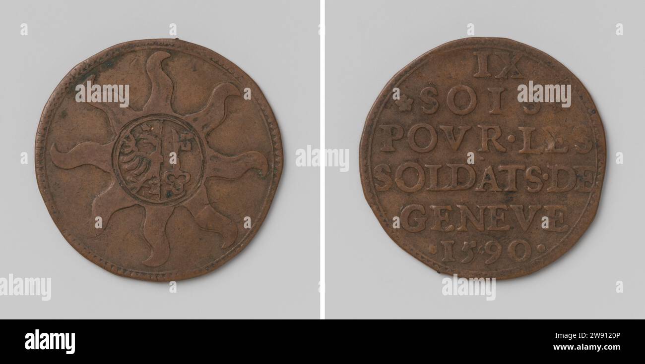 Neun Sol, entstanden für die Soldaten von Genf während des Krieges zwischen Genf und Savoie, Anonym, 1590 Münze. Belagerungsmünze Vorderseite: Wappen in Stern mit acht Wellenpunkten. Rückseite: Inschrift Genf Kupfer (Metall) auffallend (Metallverarbeitung) Genf Stockfoto