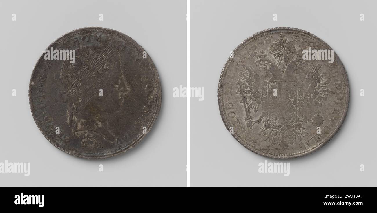 30 Kreuzer, Notmünze aus Mantua, getrieben von General Gorkowski zu Ehren von Ferdinand I., Kaiser von Österreich, Monogramm Nebel GM, 1848 Münze. Belagerungsmünze Silberne Notmünze. Vorne: Bruststück Mann mit Lorbeerkranz rechts innen. Rückseite: Wappen, getragen von einem gekrönten, dubbel-chopy-Adler mit einem gepflegten und reichen Apfel in Krallen innen, der Mantua Silber (Metall) auffallend (Metallverarbeitung) Mantua bedeckt Stockfoto
