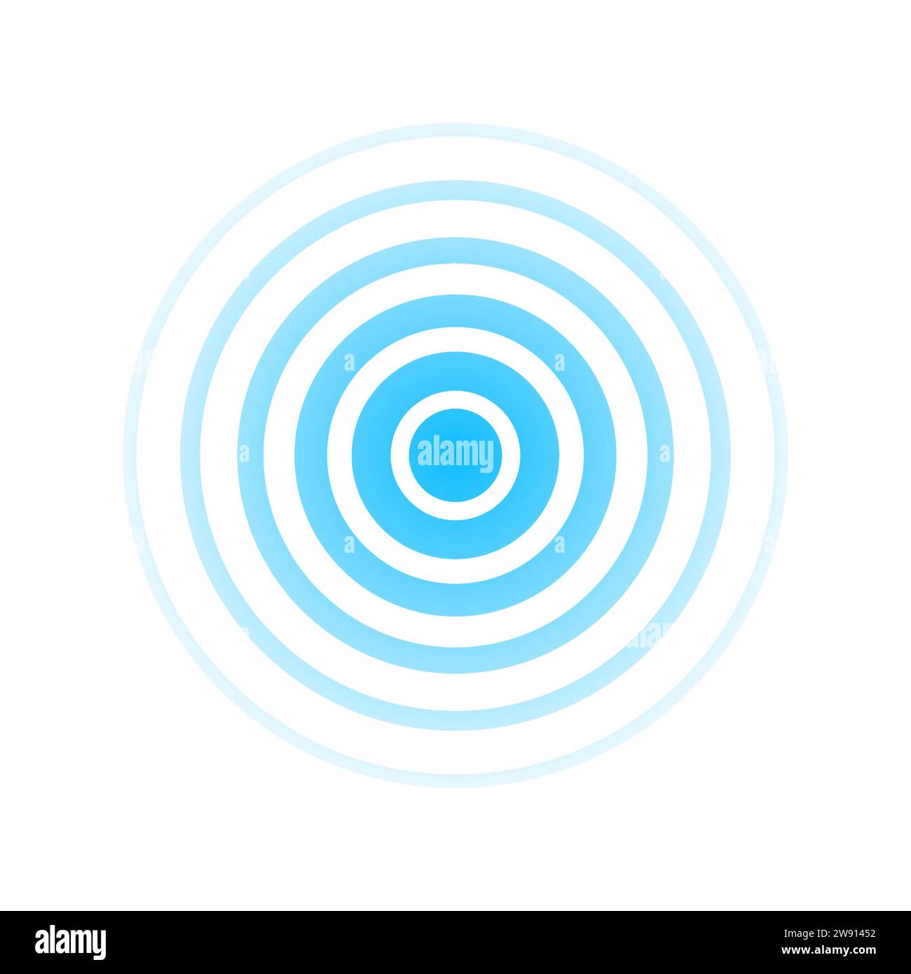 Kreisförmige Radarwelle. Symbol für Schallwelligkeit. Blauer Effekt auf weißem Hintergrund isoliert. Funksignal. Mustersonar. Schwingungsleitung. Radialstrahlen. Rund Stock Vektor