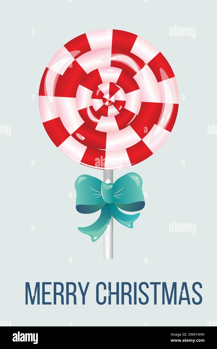 Weihnachtlicher runder Lutscher mit roten Streifen und großer türkisfarbener Schleife mit Schatten und Highlights auf der Grußkarte. Mit Text. Vektor. Vertikal Stock Vektor