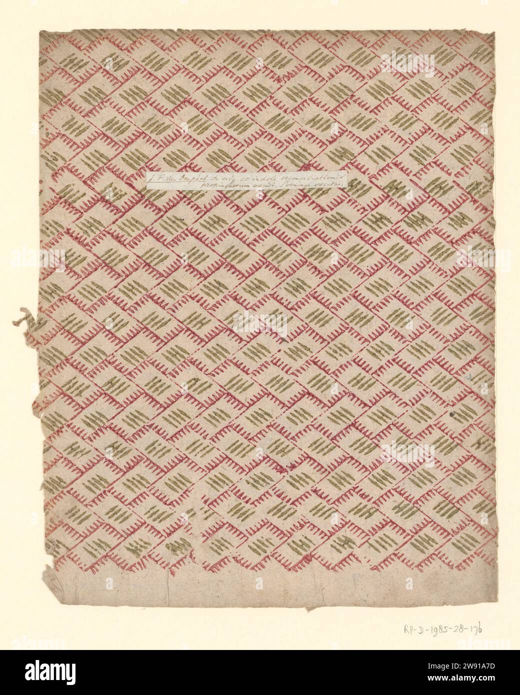 Blatt mit rechteckigem Muster übereinander platziert, anonym, 1750 - 1900 Blatt mit rechteckigem Muster und übereinander platzierten Streifen. Mit Etikett mit Aufschrift: „J.F. van Omphal ... Vocatae '. Eine halbe Abdeckung. Papier. Blockdruck (Reliefdruckverfahren) Ornament  geometrische Motive Stockfoto