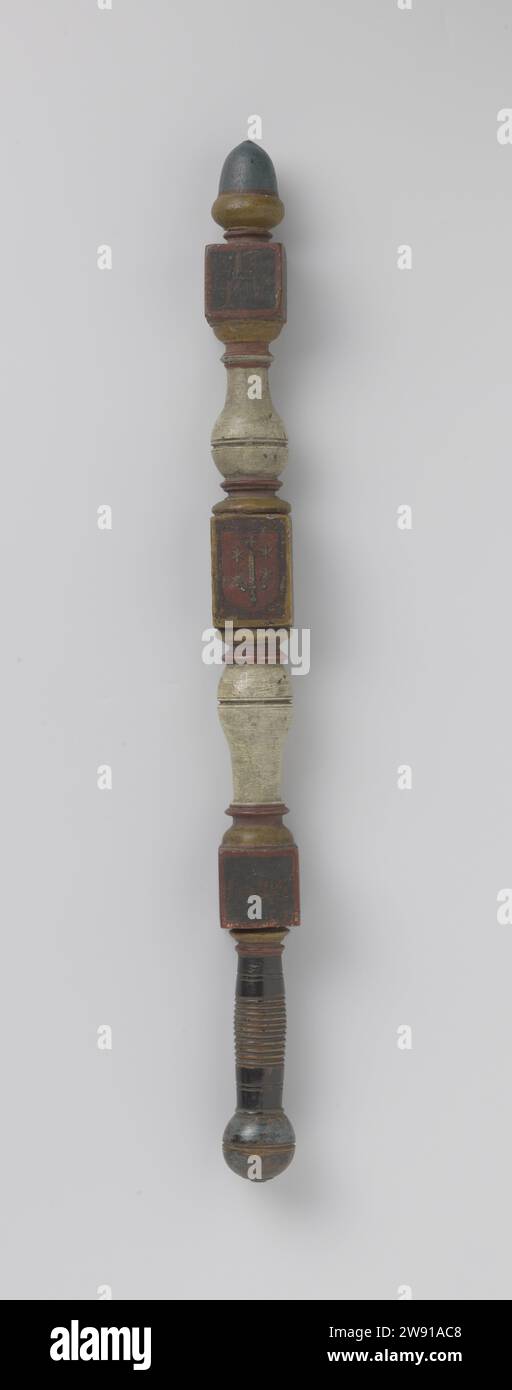 Zeremonialstab, anonym, 1686 hölzerne Zeremonialstab; Runde der Form mit verschiedenen Stärken, durch drei quadratische Blöcke verstanden, obere und untere Taste; Griffteil mit Schnittkreisen; vollständig lackiert mit verschiedenen Farben außer Griff; auf oberem Block: 1686-MBD-Anno-IDNN; auf einem zweiten Block auf jedem Gebiet ein Wappen, zwei mit einem Baum, zwei mit Schwert vier Sternen und Kreuz (wahrscheinlich das Stadtwappen von Haarlem), unterer Block mit in zwei Bereichen: ifi-dii (?), jeweils roset in zwei weiteren Bereichen. Niederlande (möglicherweise) Holz (Pflanzenmaterial) Stockfoto