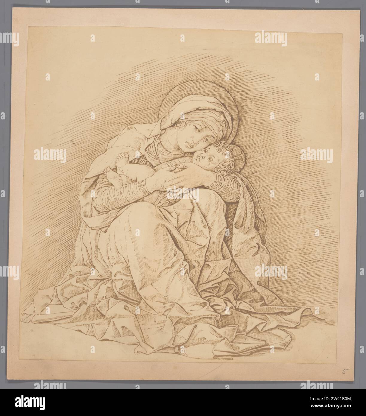Fotoproduktion des Stiches Maria mit Kind von Andrea Mantegna, Anonym, nach Andrea Mantegna, ca. 1910 - ca. 1940 Fotografie baryta Papier. Gelatine-Silberdruck aus Pappe, z. B.: Gravur, Ätzen, Lithografie. Madonna: Maria sitzend oder thronend, das Christuskind auf ihrem Schoß (oder vor ihrem Busen) (Maria stellte manchmal halblang dar) Stockfoto