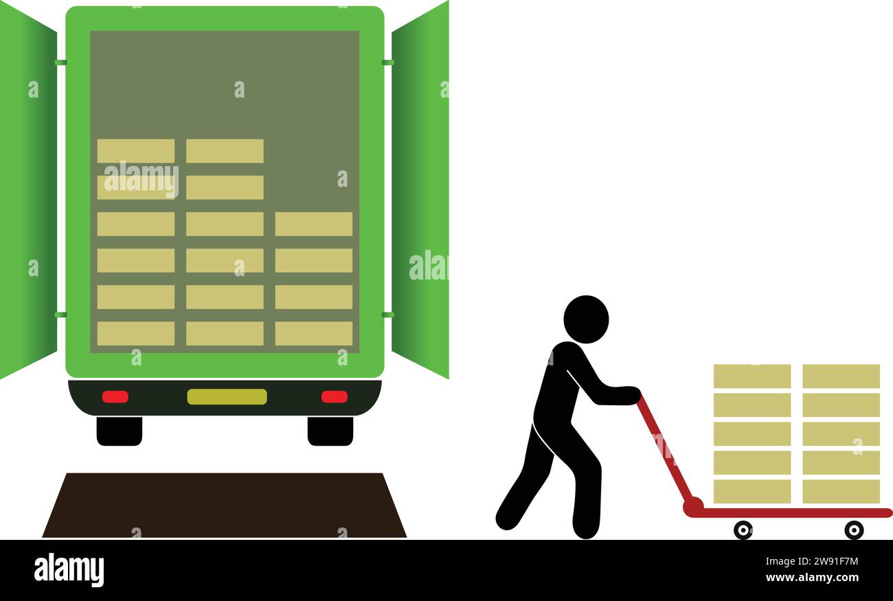 Entladen von Material aus LKW | Transportgüter |Lagermaterial entladen | Sendung entladen Stock Vektor