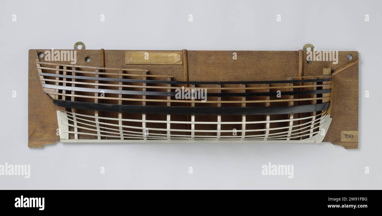 Halbmodell einer 36-Kanonen-Fregatte, anonym, ca. 1750 - ca. 1800 Schiffsmodell. Halbmodell. bauherstellermodell Polychromatiertes Formmodell (Steuerbord) eines Dreimastes. Keine Kanonen oder Decks angegeben, nur die halbe Abdeckung und der Container mittels Gillingen. Wanderspiegel, hohler wulf; Hek, Seitenkanal und Ruder nicht angezeigt. An beiden Enden ein wenig aufwärts sickern, zwei Bergwälder und ein Reehout. Sie haben einen Höhepunkt erreicht. Maßstab 1:48 (Maßstab am Modell). Niederlande Holz (Pflanzenmaterial) Stockfoto