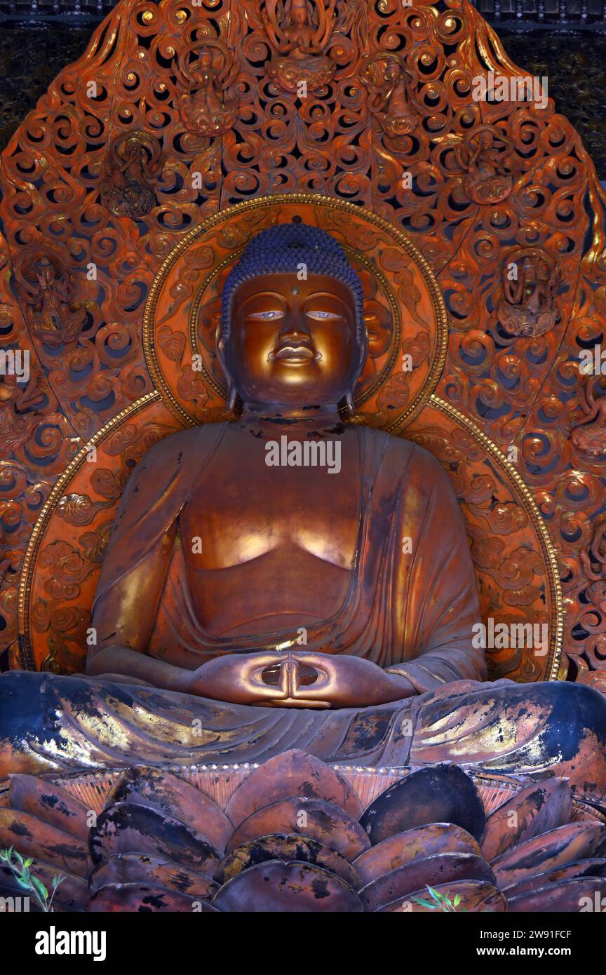 Eine Buddha-Statue steht feierlich am Byodo im Tempel im Tal der Tempel in Hawaii Stockfoto