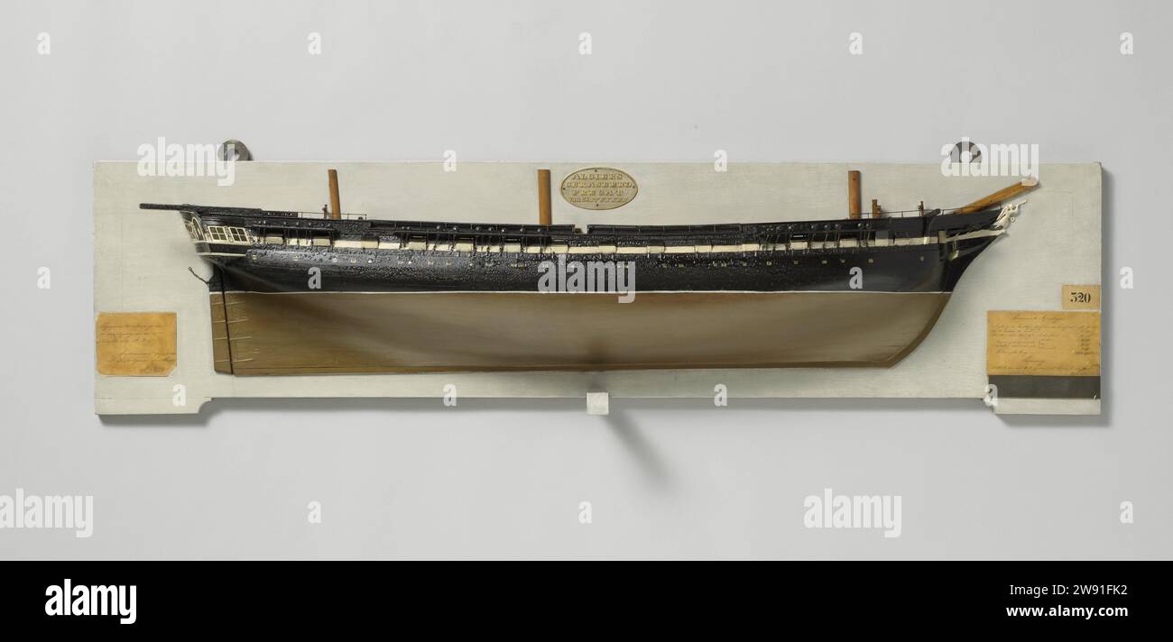 Halbmodell Einer Fregatte mit 28 Kanonen, Rijkswerf Amsterdam, 1839 Schiffsmodell. Halbmodell. bauherstellermodell Polychromatiertes geschlossenes Formmodell (Steuerbord) eines Dreimastes. 15 Geschütze auf einem Deck; auf den Decks (Geschütze, Backdeck und Kampagne), Details wie Lenkrad, Bedienstete, Pumpen, Umhänge, Rollläden, usw. angewendet wurden. Der Schegbeeld ist ein stehender, trompetenbläsender Engel mit einem Kranz in der linken Hand. Stern mit elliptischem Zaun und seitlicher Galerie auf einer Etage; gerade mit quadratischem roser King und Pflegekette. Der Zeeg erhebt sich an beiden Enden leicht, ein Barkholz und ein Reehout. Das Modell ist e Stockfoto