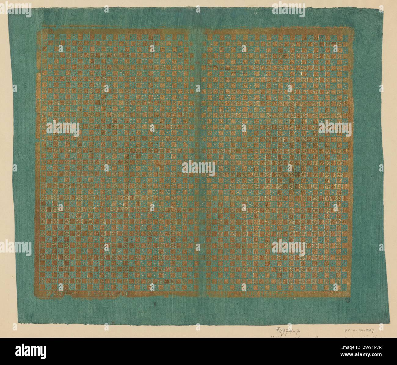 Zeigt Brettmuster Blatt, Paul Reimund, 1783 - 1815 Brokatpapier Blatt mit Schachbrettmuster mit abwechselndem Quadrat in Vollgold, zwei Rosettenarten und Würfel fünf. Nürnberger Papier. Farbe (Beschichtung) Reliefdruck Ornament  geometrische Motive Stockfoto