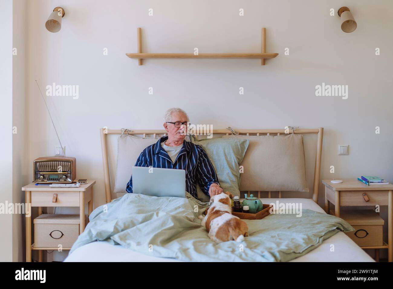 Senior Mann sitzt mit Laptop und streichelt Hund zu Hause Stockfoto