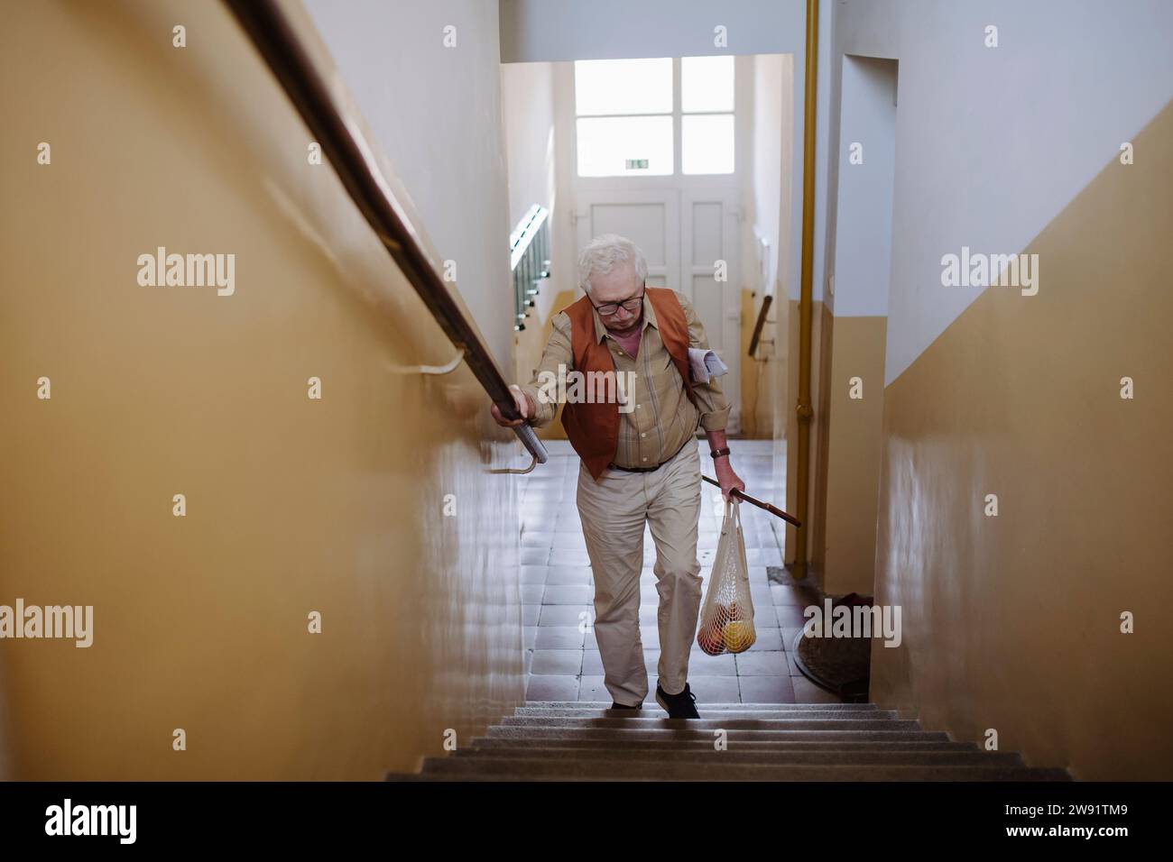 Senior-Mann, der mit einer Tüte Obst auf der Treppe aufsteigt Stockfoto
