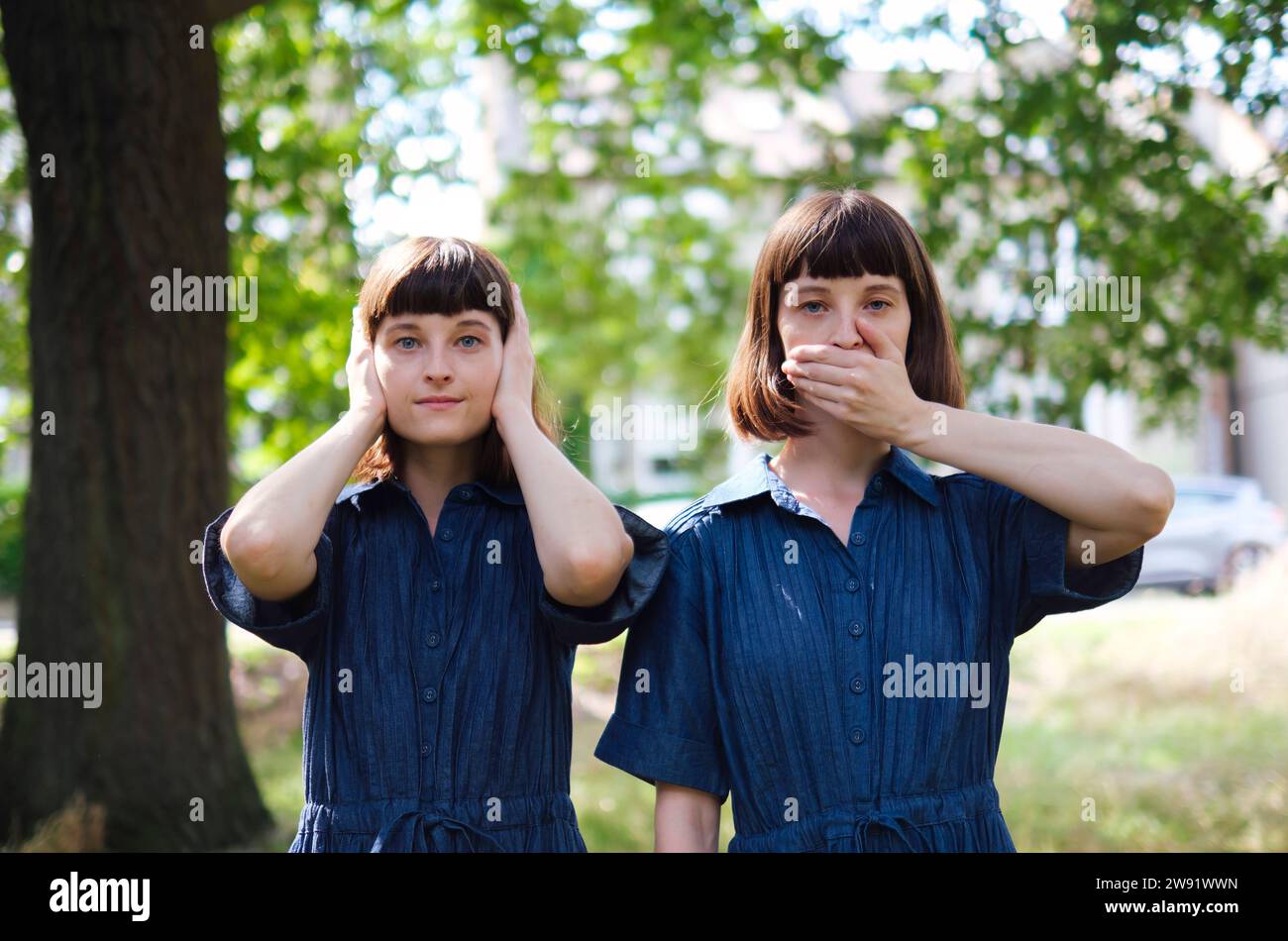 Junge Zwillingsschwestern, die Mund und Ohren mit Händen vor dem Baum bedecken Stockfoto