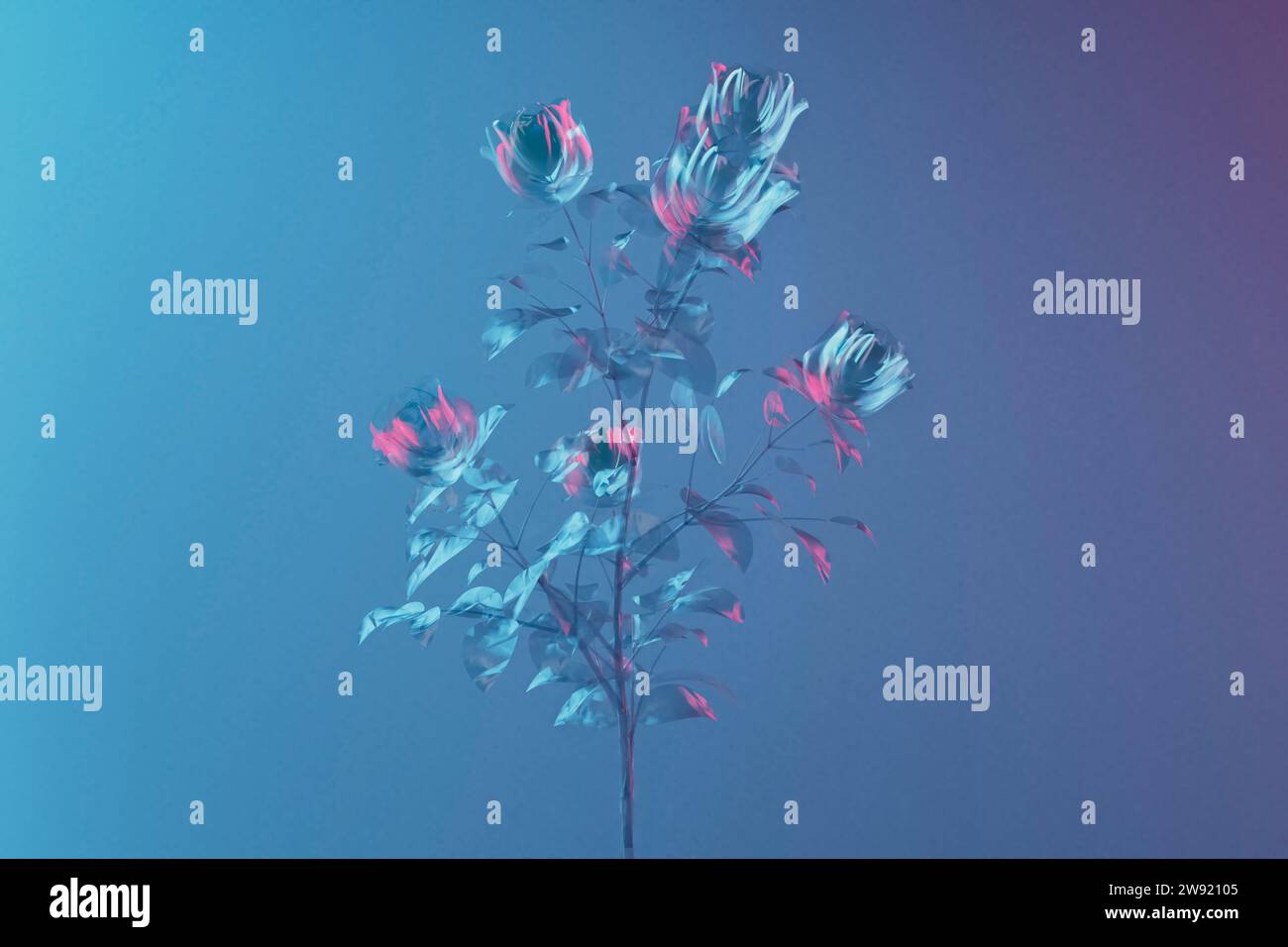3D-Rendering von Glasrosen vor blauem Hintergrund Stockfoto