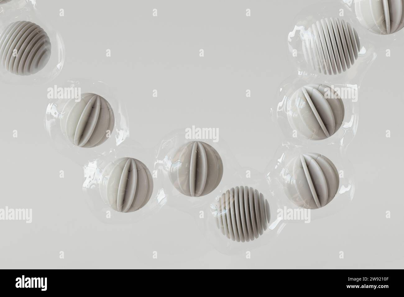 3D-Rendering einer Reihe von Kunststoffkugeln, die vor weißem Hintergrund schweben Stockfoto