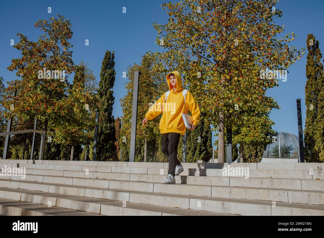 Der Schüler geht auf Stufen vor Bäumen hinunter Stockfoto