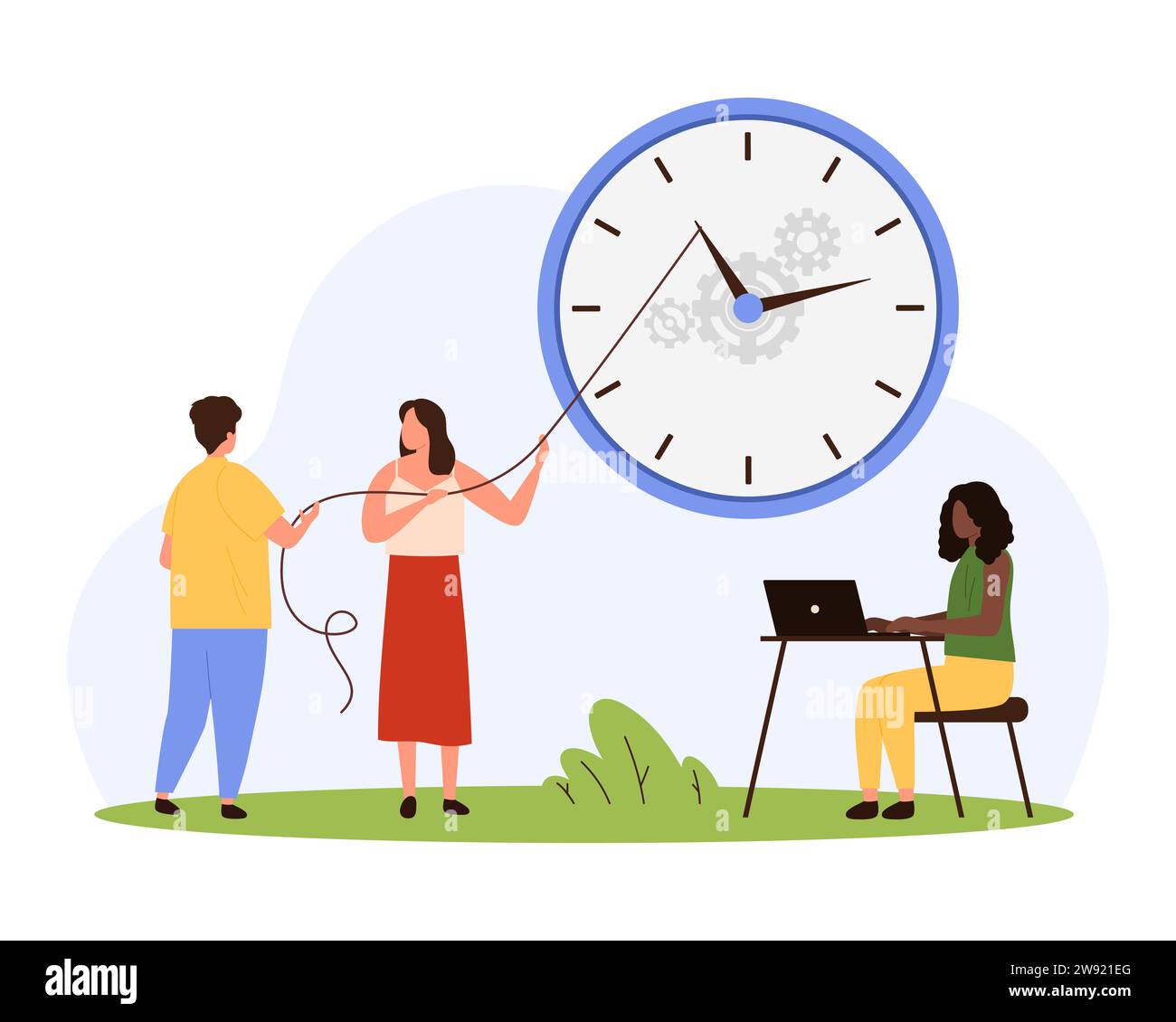 Illustration des Zeitmanagement-Vektors. Zeichentrickfilme winzige Menschen bewegen die Uhr zurück, um die Geschäftsfrist zu erfüllen, Mitarbeiter ziehen den Pfeil mit einem Seil, um die Zeit zu stoppen und umzukehren, weil das Risiko von Verzögerungen besteht Stock Vektor