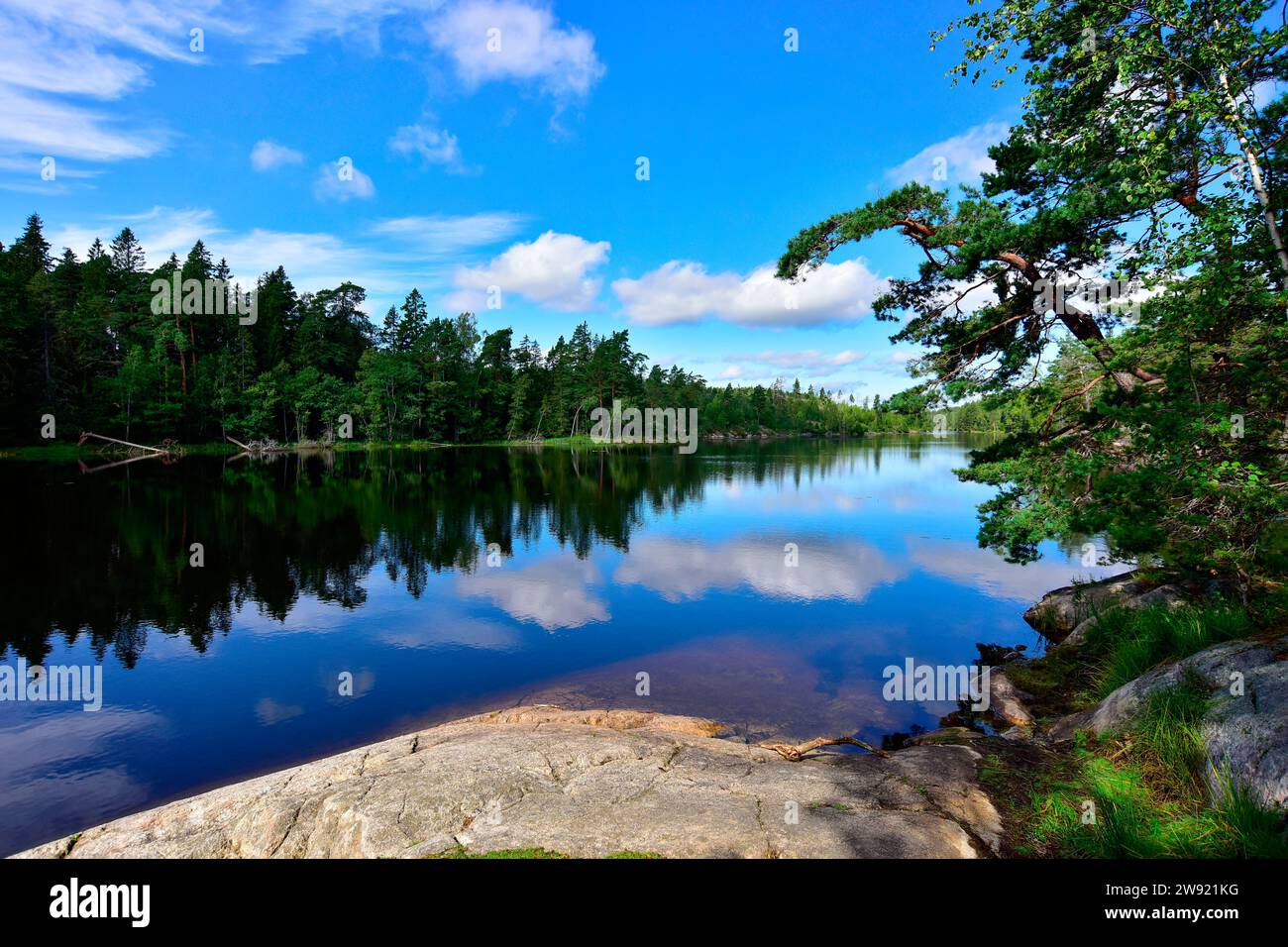 Schweden, Stockholmer County, klarer See mit Wolken und umliegenden Wäldern Stockfoto