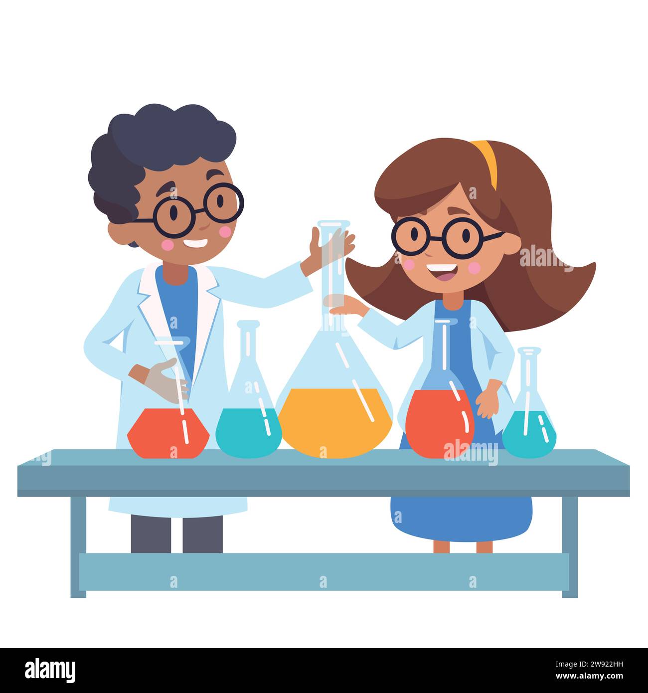 Wissenschaftlerinnen und Wissenschaftler arbeiten mit Glaswaren im Labor. Niedliches wissenschaftliches Forschungskonzept. Kindercartoon, flaches Design Vektor-Illustration. Stock Vektor