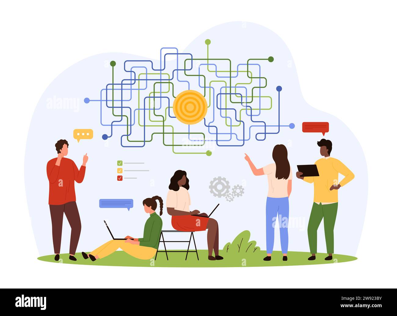 Vektor-Illustration des Mindmap-Diagramms. Cartoon Tiny People erforschen die Visualisierung von Zusammenhängen im Übersichtsdiagramm der Zielerreichung, Teamwork Brainstorming-Prozess über Entscheidungsstruktur und -Schema Stock Vektor