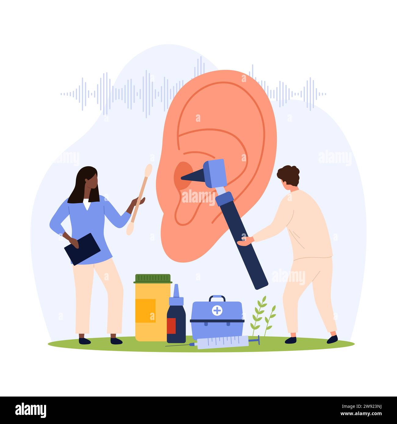 Ohrgesundheit, HNO-Aryngologie-Kontrollvektorillustration. Cartoon Tiny People überprüfen das Hören mit Otoskop, Behandlung von Ohrenschmerzen, Infektion und Hörverlust durch HNO-Arzt mit Krankenhausausrüstung Stock Vektor