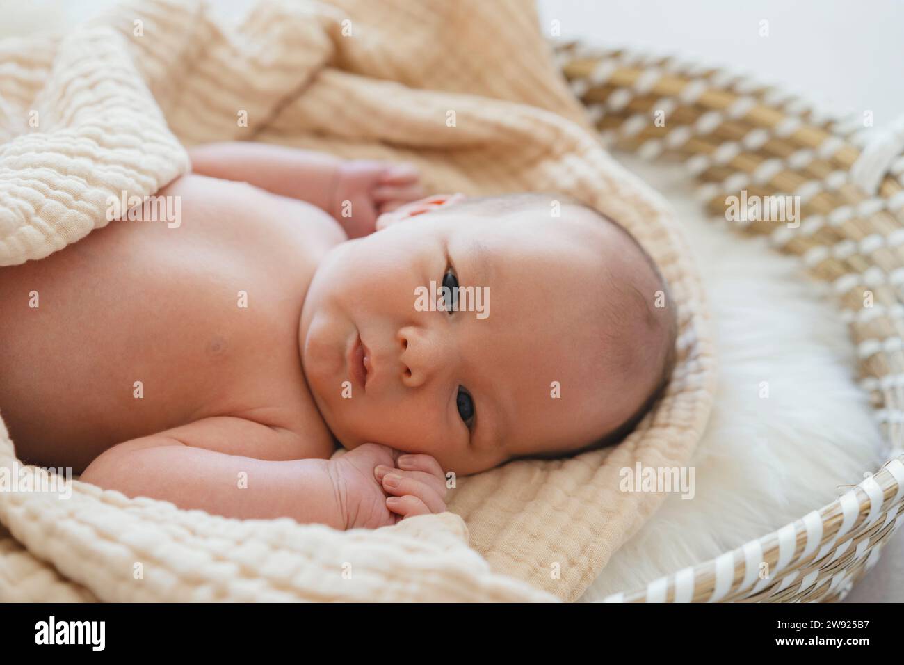 Neugeborener Junge, der im moses-Korb liegt Stockfoto